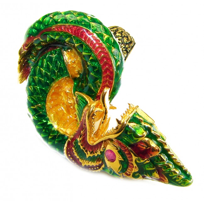 Large green Dragon - symbolizes supernatural power- Enamel Ruby 18K Gold over .925 Sterling Silver Huge handcrafted Ring s. 8