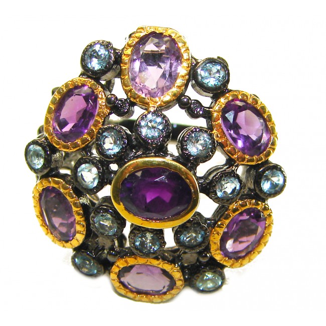 Rare 12.8 carat Amethyst 14K Gold black rhodium over .925 Sterling Silver Handcrafted Ring size 7