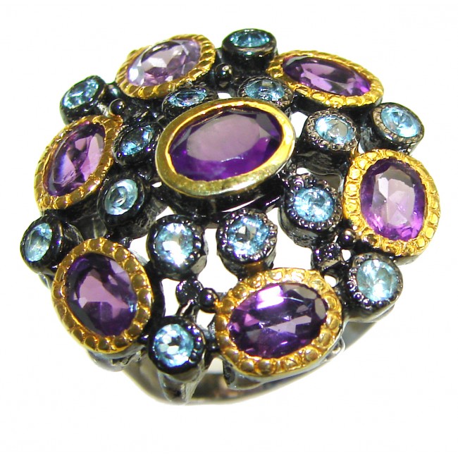 Rare 12.8 carat Amethyst 14K Gold black rhodium over .925 Sterling Silver Handcrafted Ring size 7