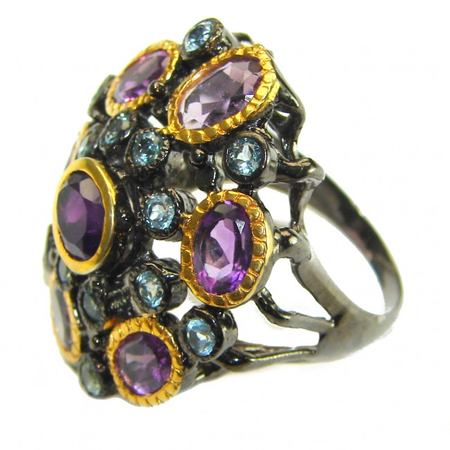 Rare 12.8 carat Amethyst 14K Gold black rhodium over .925 Sterling Silver Handcrafted Ring size 7