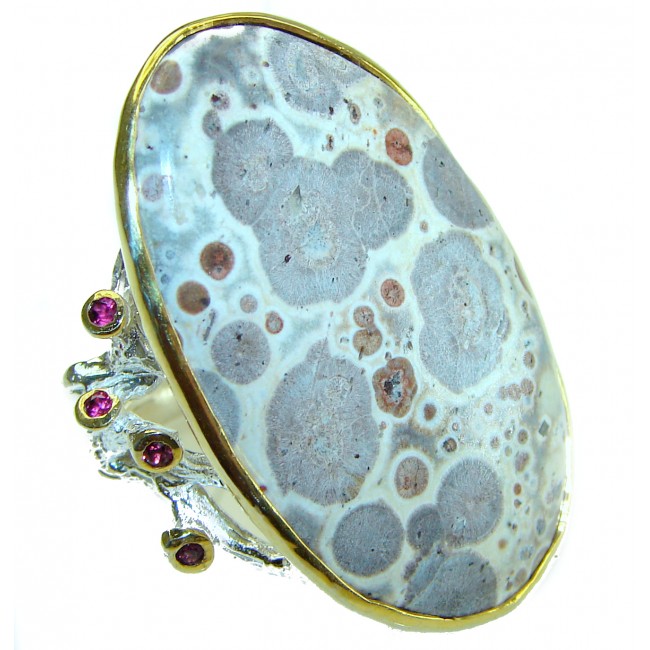 Large Natural Ocean Jasper 2 tones .925 Sterling Silver handmade ring s. 8