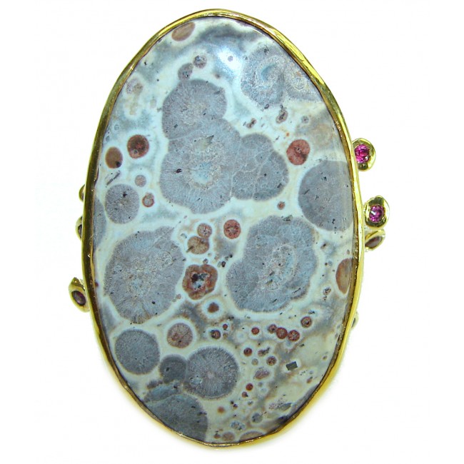 Large Natural Ocean Jasper 2 tones .925 Sterling Silver handmade ring s. 8