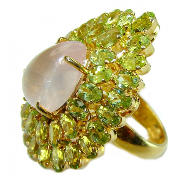 Authentic 22.2 carat Brazilian Rose Quartz Peridot 14k Gold Rhodium over .925 Sterling Silver incredible Statement Ring size 7