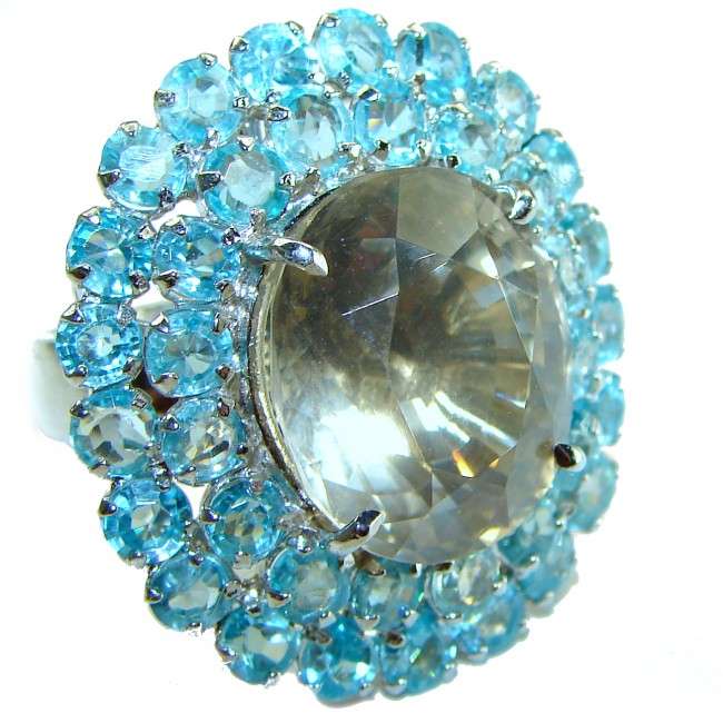 Alessandra 57.5 carat Champagne Smoky Topaz Aquamarine .925 Sterling Silver Oversized Ring size 7