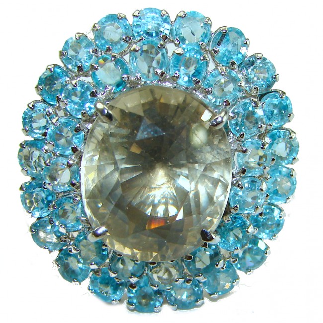 Alessandra 57.5 carat Champagne Smoky Topaz Aquamarine .925 Sterling Silver Oversized Ring size 7