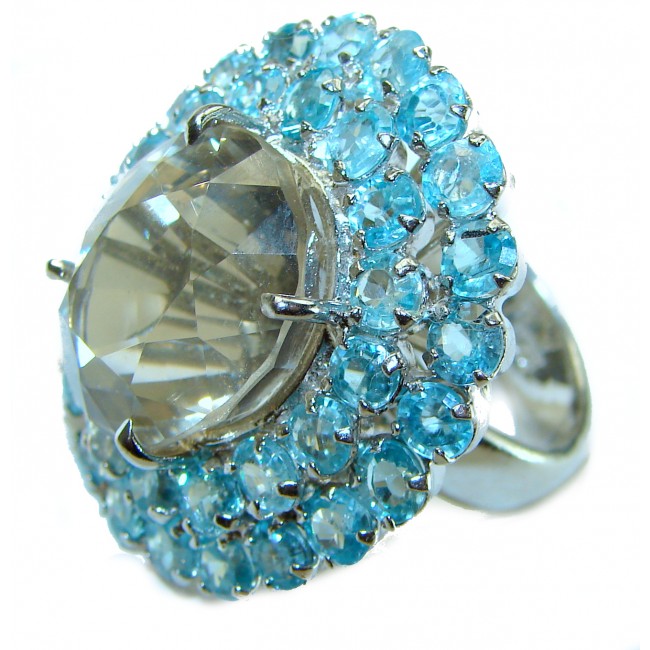 Alessandra 57.5 carat Champagne Smoky Topaz Aquamarine .925 Sterling Silver Oversized Ring size 7