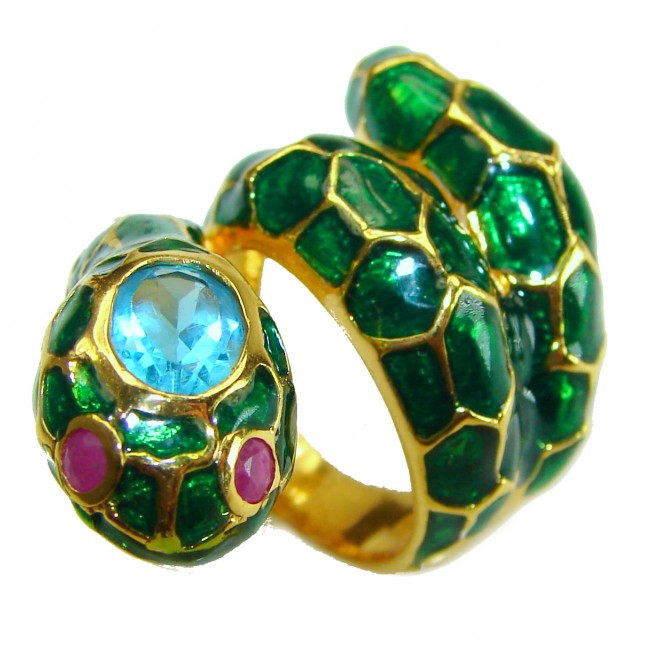 Green Snake Ruby Enamel 18K Gold over .925 Sterling Silver Huge handcrafted Ring s. 5 3/4