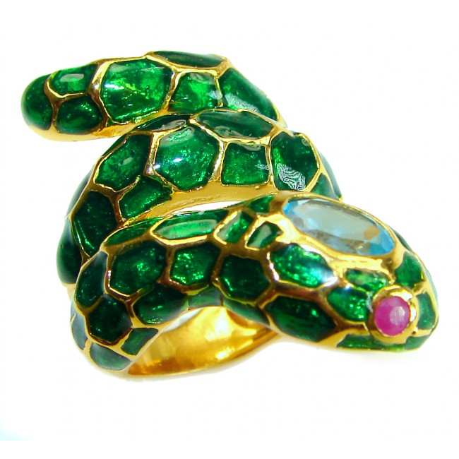 Green Snake Ruby Enamel 18K Gold over .925 Sterling Silver Huge handcrafted Ring s. 5 3/4