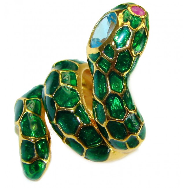 Green Snake Ruby Enamel 18K Gold over .925 Sterling Silver Huge handcrafted Ring s. 5 3/4