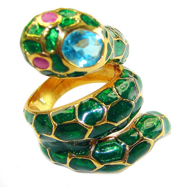 Green Snake Ruby Enamel 18K Gold over .925 Sterling Silver Huge handcrafted Ring s. 5 3/4