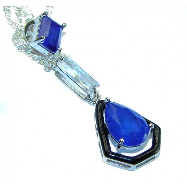 Art Deco Sapphire black enamel .925 Sterling Silver handcrafted Necklace