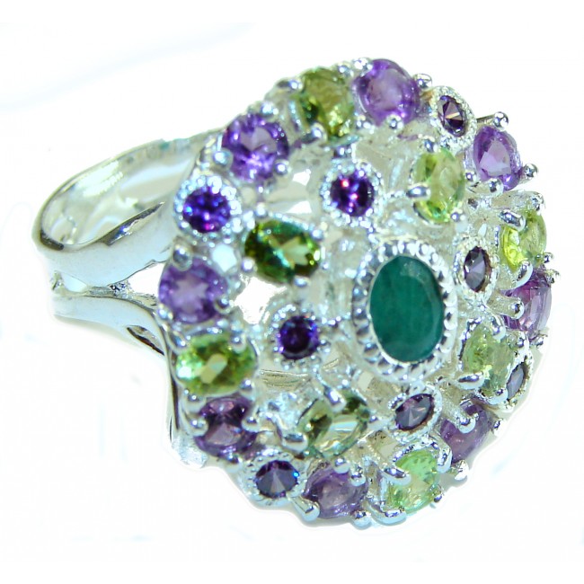 Kaleidoscope 11.3 carat Emerald .925 Sterling Silver handcrafted Ring s. 7 3/4