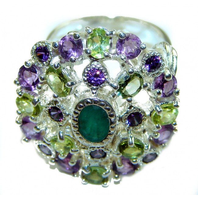 Kaleidoscope 11.3 carat Emerald .925 Sterling Silver handcrafted Ring s. 7 3/4