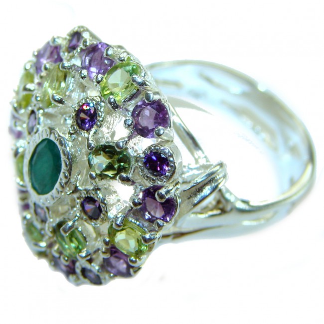 Kaleidoscope 11.3 carat Emerald .925 Sterling Silver handcrafted Ring s. 7 3/4