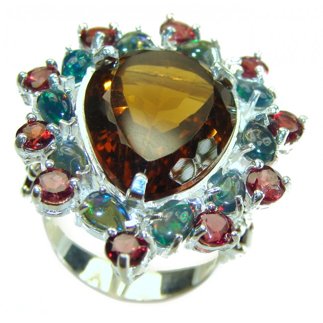 Alessandra oval cut 22.5 carat Champagne Smoky Topaz Black Opal .925 Sterling Silver Oversized Ring size 6 1/4