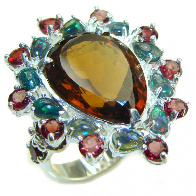 Alessandra oval cut 22.5 carat Champagne Smoky Topaz Black Opal .925 Sterling Silver Oversized Ring size 6 1/4