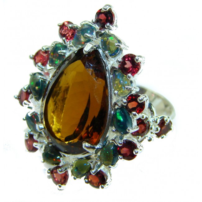 Alessandra oval cut 22.5 carat Champagne Smoky Topaz Black Opal .925 Sterling Silver Oversized Ring size 6 1/4