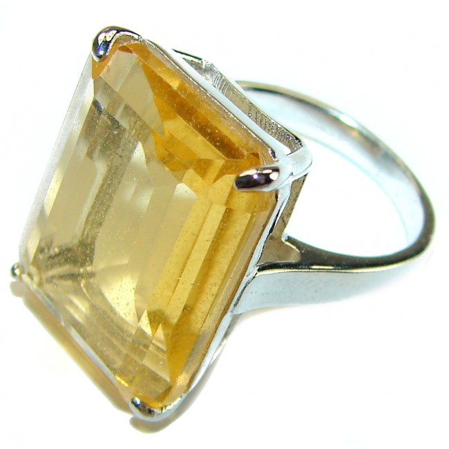 27.8 carat Genuine emerald cut Lemon Quartz .925 Sterling Silver handcrafted ring size 7