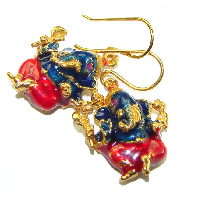 Wisdom and Happiness Elephants Ruby Enamel 18K Gold over .925 Sterling Silver handcrafted earrings