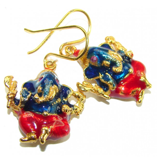 Wisdom and Happiness Elephants Ruby Enamel 18K Gold over .925 Sterling Silver handcrafted earrings