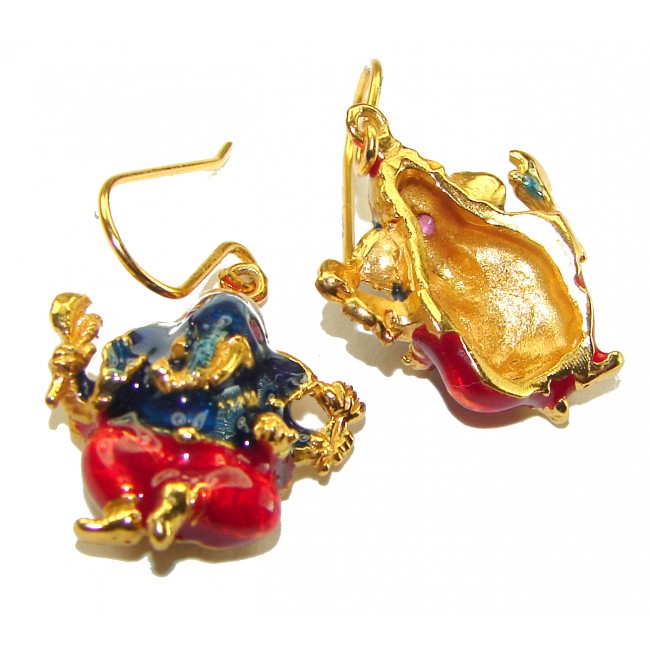 Wisdom and Happiness Elephants Ruby Enamel 18K Gold over .925 Sterling Silver handcrafted earrings