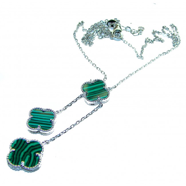 Outstanding Malachite Lucky Four Leaf Clover .925 Sterling Silver necklace