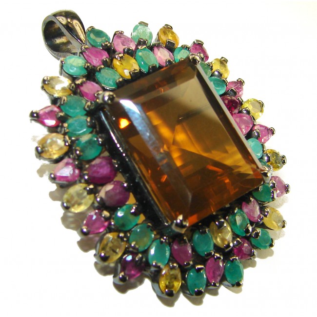 Luxurious 48.5 carat Fancy Smoky Topaz Multicolored Sapphire black rhodium over .925 Sterling Silver handmade Large Pendant - Brooch