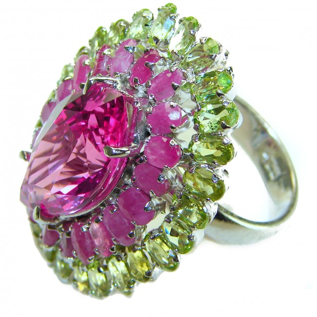 Kaleidoscope 45.2 carat Marquoise cut Pink Sapphire .925 Silver handcrafted Statement Ring s. 8 1/4