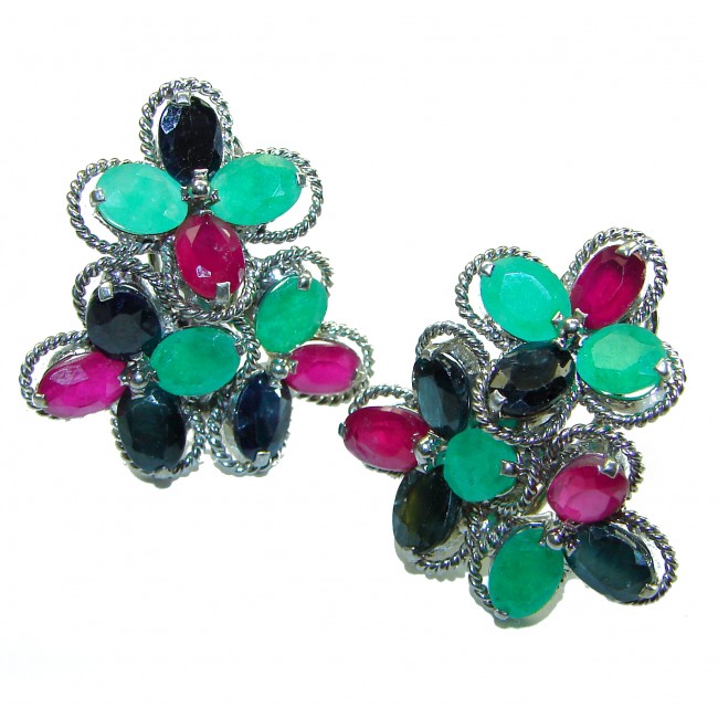 Anastasia - Precious Genuine 25.4 carat Ruby Emerald Sapphire .925 Sterling Silver handmade earrings