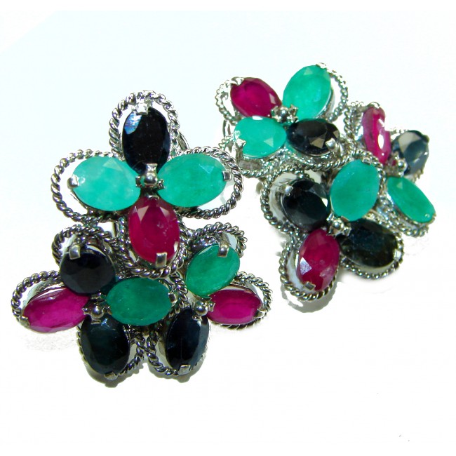 Anastasia - Precious Genuine 25.4 carat Ruby Emerald Sapphire .925 Sterling Silver handmade earrings