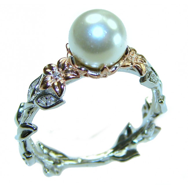 Pearl 2 tones .925 Sterling Silver brilliantly handcrafted ring s. 8