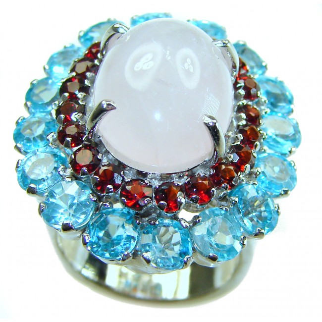 Authentic 25.2 carat Brazilian Rose Quartz Aquamarine .925 Sterling Silver incredible Ring size 8