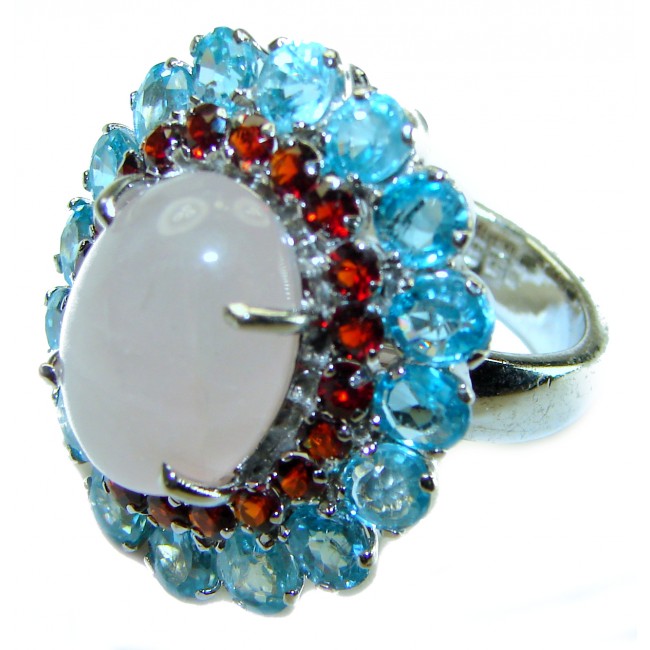 Authentic 25.2 carat Brazilian Rose Quartz Aquamarine .925 Sterling Silver incredible Ring size 8