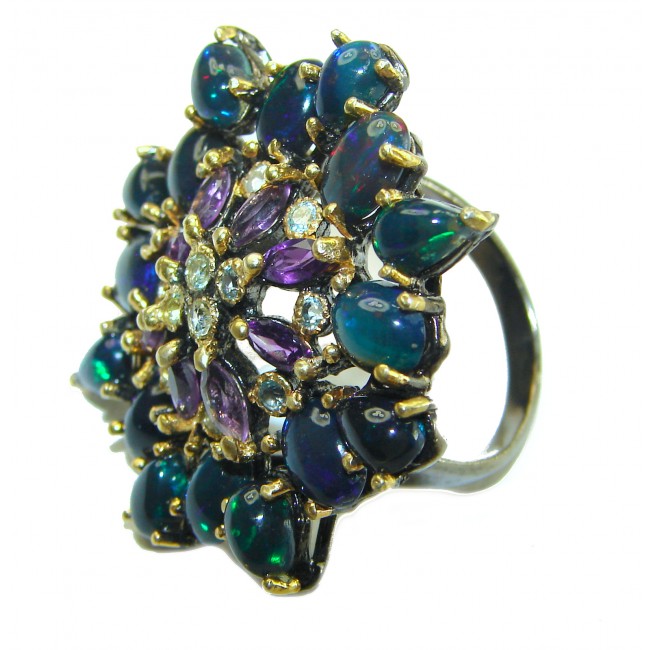 Large Genuine 21.9 carat Black Opal black rhodium over .925 Sterling Silver handmade Ring size 8