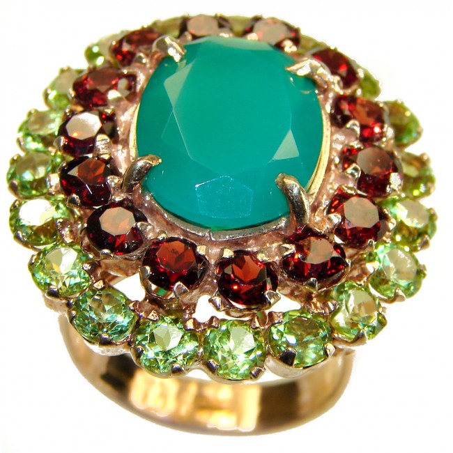 Vintage Style 14.5 carat Jade 14K Gold over .925 Sterling Silver handmade Large Statement Ring s. 9