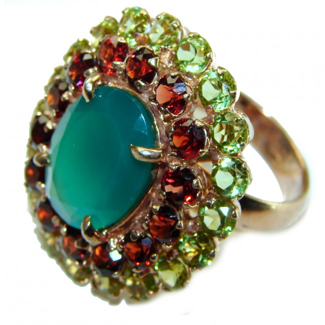 Vintage Style 14.5 carat Jade 14K Gold over .925 Sterling Silver handmade Large Statement Ring s. 9