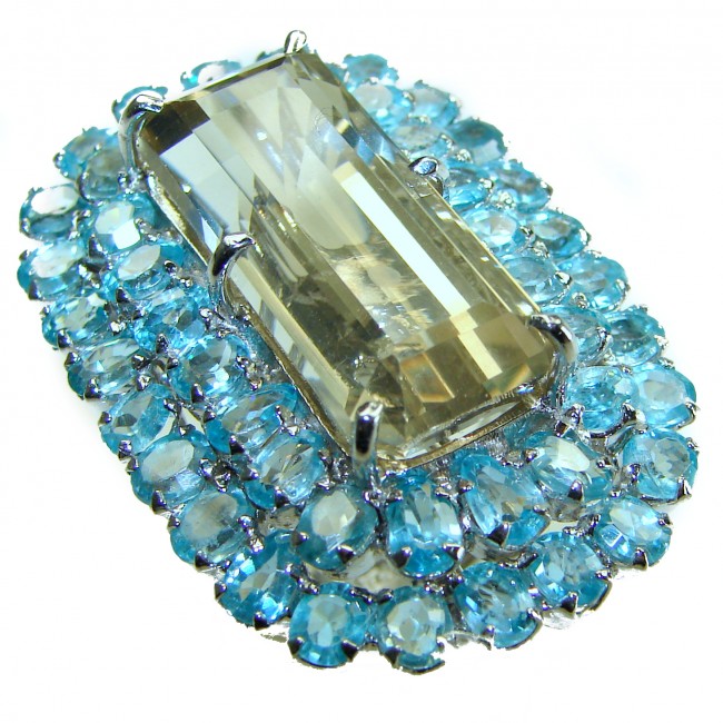 Bianca 70.5 carat Champagne Smoky Topaz Swiss Blue Topaz .925 Sterling Silver Oversized Ring size 7