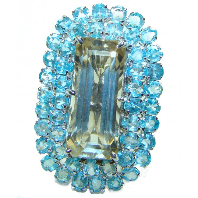 Bianca 70.5 carat Champagne Smoky Topaz Swiss Blue Topaz .925 Sterling Silver Oversized Ring size 7