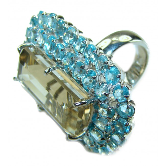 Bianca 70.5 carat Champagne Smoky Topaz Swiss Blue Topaz .925 Sterling Silver Oversized Ring size 7