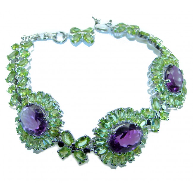 Mademoiselle Vintage style authentic 74.2carat Amethyst Peridot .925 Sterling Silver handcrafted Statement Bracelet