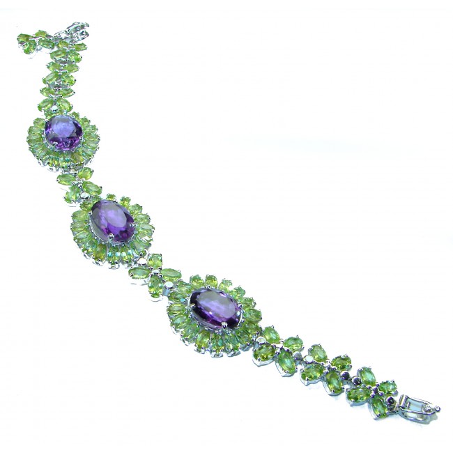 Mademoiselle Vintage style authentic 74.2carat Amethyst Peridot .925 Sterling Silver handcrafted Statement Bracelet