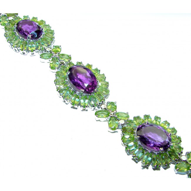 Mademoiselle Vintage style authentic 74.2carat Amethyst Peridot .925 Sterling Silver handcrafted Statement Bracelet