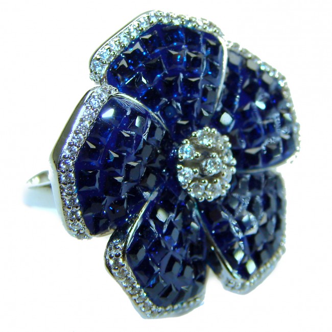 Fancy Flower Sapphire .925 Sterling Silver handmade Statement Ring size 8