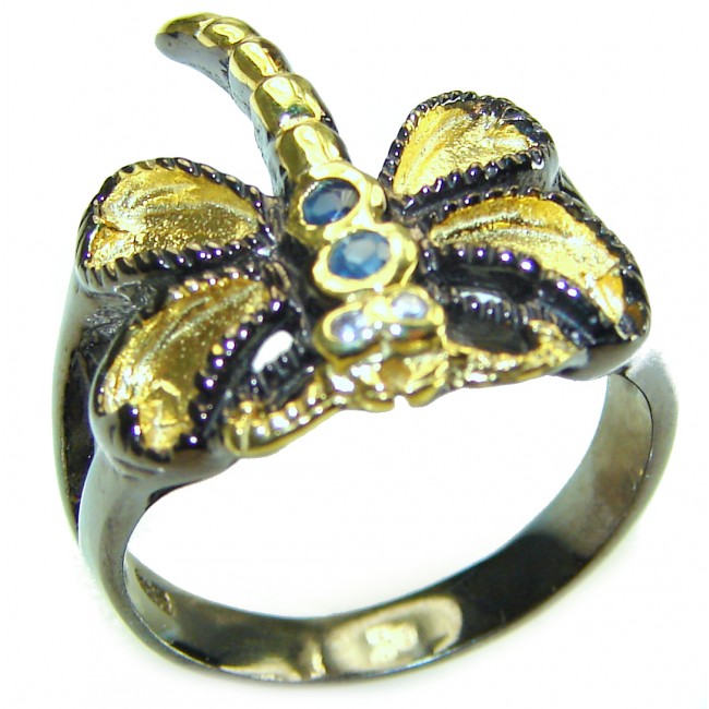 Green Butterfly Genuine Amethyst black rhodium over 14K Gold over .925 Sterling Silver handmade Ring size 6 3/4