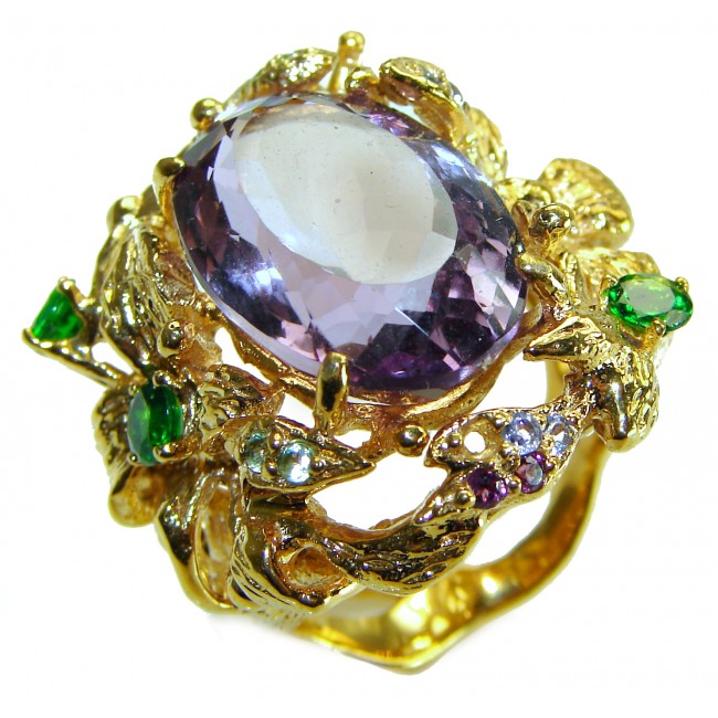 Floral design 16.8 carat Amethyst 14K Gold over .925 Sterling Silver Handcrafted Large Statement Ring size 9