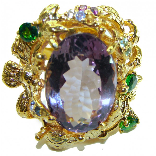 Floral design 16.8 carat Amethyst 14K Gold over .925 Sterling Silver Handcrafted Large Statement Ring size 9