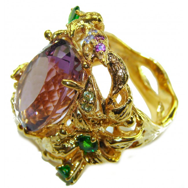 Floral design 16.8 carat Amethyst 14K Gold over .925 Sterling Silver Handcrafted Large Statement Ring size 9