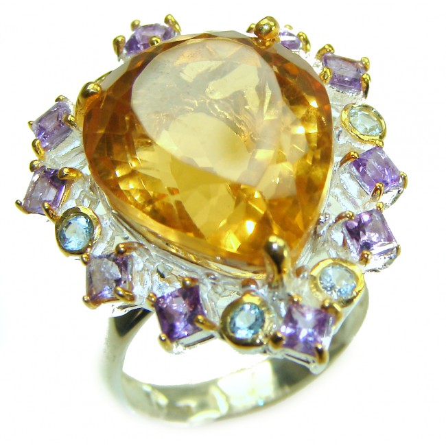 Penelope - Luxurious Citrine pear cut 18.2 carat Citrine 2 tones .925 Sterling Silver handmade Ring s. 8 1/4