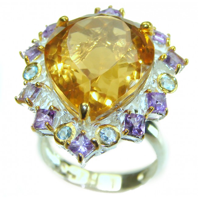 Penelope - Luxurious Citrine pear cut 18.2 carat Citrine 2 tones .925 Sterling Silver handmade Ring s. 8 1/4