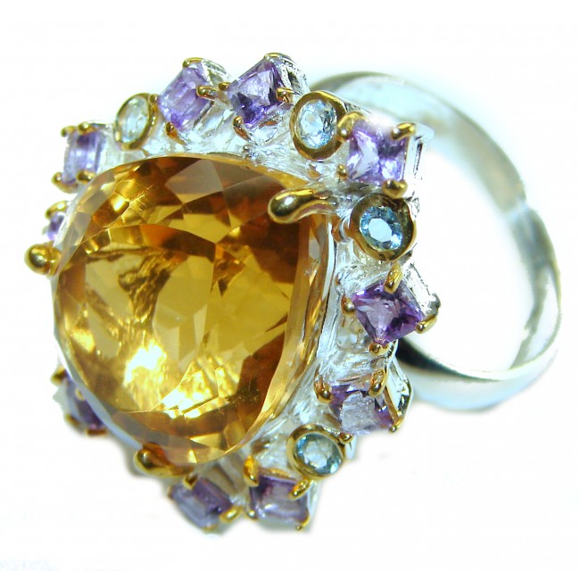 Penelope - Luxurious Citrine pear cut 18.2 carat Citrine 2 tones .925 Sterling Silver handmade Ring s. 8 1/4